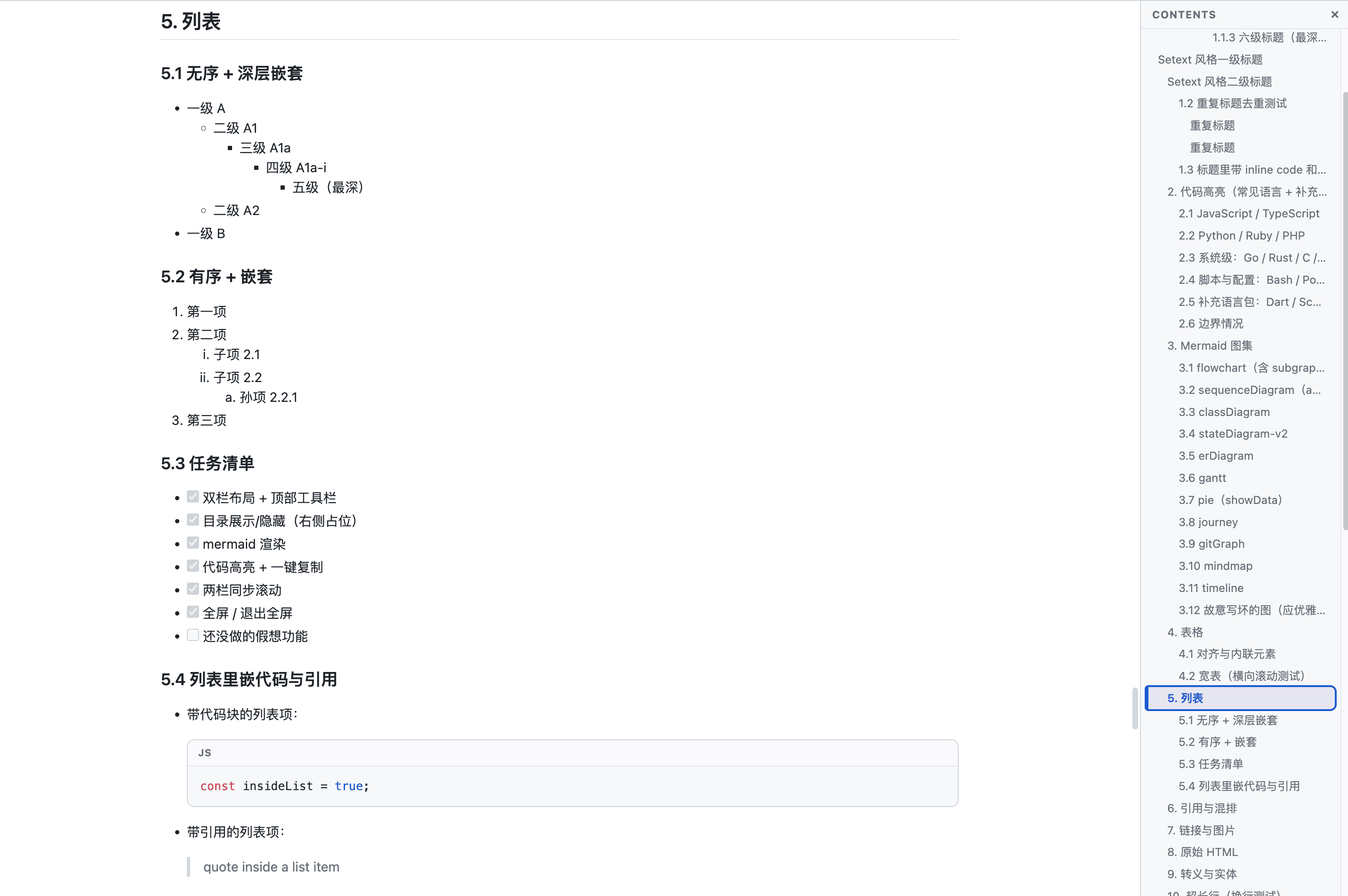 Fullscreen preview with table of contents